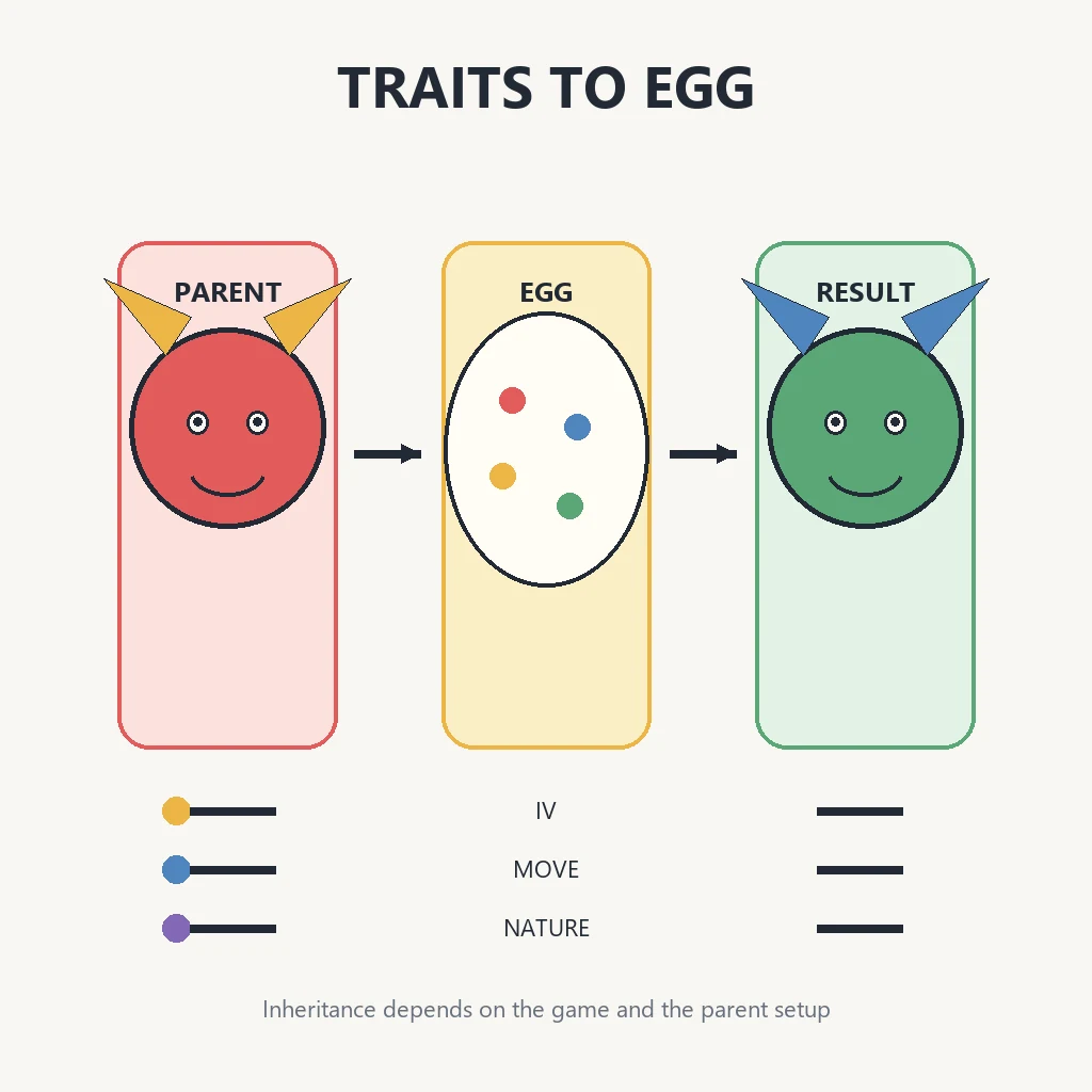 Editorial diagram showing parent traits moving through an egg to an offspring result