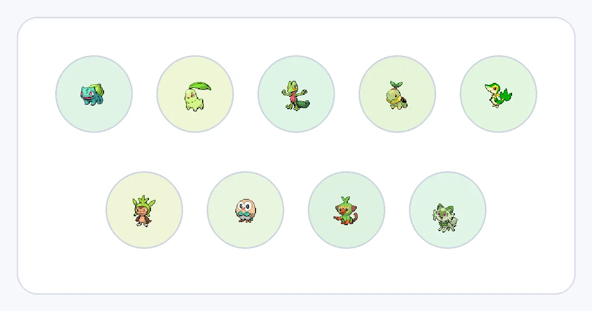 Bulbasaur through Sprigatito representing the nine released Pokemon generations