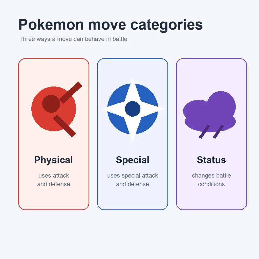 Editorial diagram comparing Physical, Special, and Status Pokemon move categories